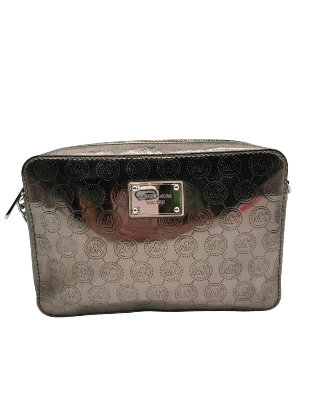 Michael Kors Metallic Gray Monogram Patent Leather Jet Set Crossbody